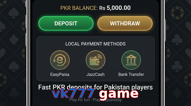 Deposit and withdrawal screen with PKR methods